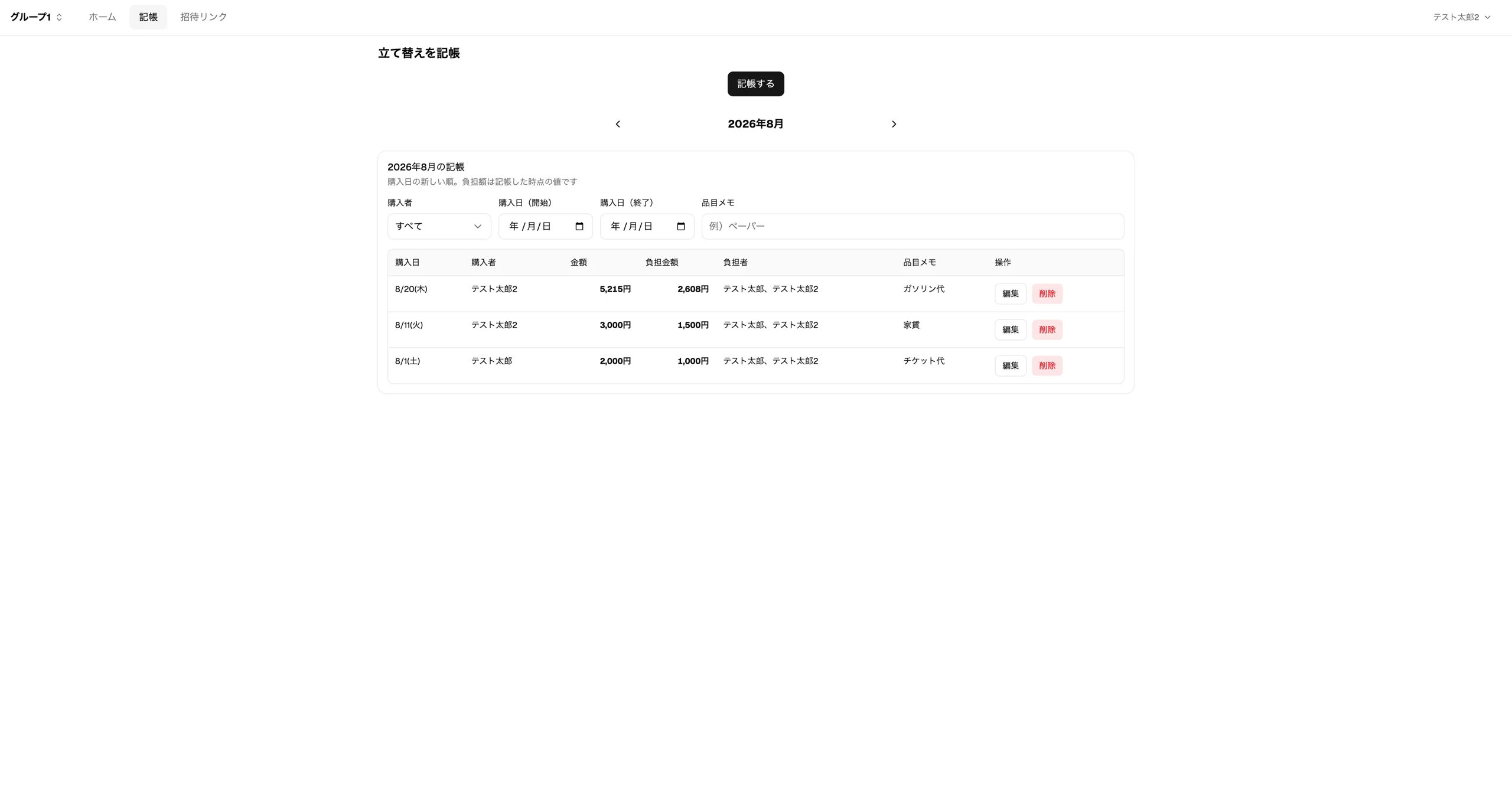 記帳画面（パソコン）。月ごとの一覧と、購入者・購入日・品目メモの絞り込み